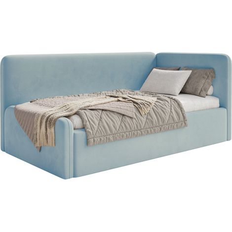 Selsey Fanko – Jugendbett 90x200 cm mit Rausfallschutz, Matratze, Kopfteil rechts, Samt, Hellblau