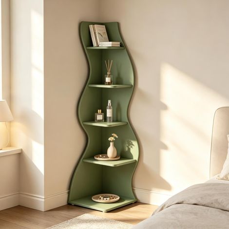 5-stufiges Eckregal aus Holz, verstellbare Regalböden, grün HAVRYA (1/5)