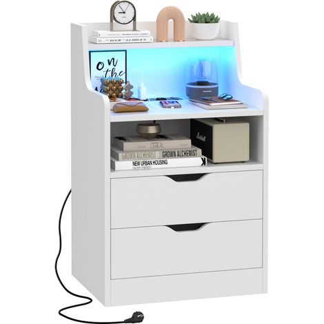 Table de Chevet Intelligente LED 16 Couleurs & Station de Recharge - 2 Tiroirs en MDF Blanc 45x35x73 cm - Meuble de Nuit Moderne avec Éclairage Ambiant pour Chambre (Design Minimaliste) (1/5)