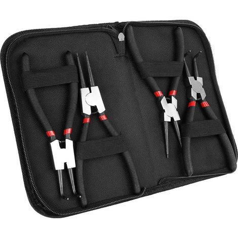 [French Days]Lot de 4 pinces à circlips internes/externes de 7 pouces Kit de pinces à circlips robustes Pinces à machoires droites/courbées pour retirer les anneaux et retirer les tuyaux avec pochette (1/5)