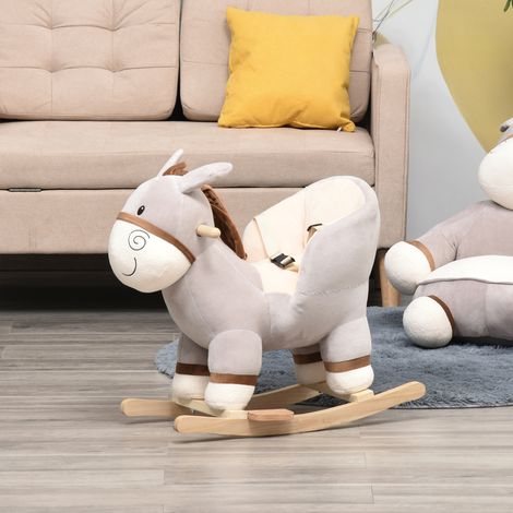 Cheval à Bascule modèle âne Fonction Musicale Selle Grand Confort Peluche Courte Douce Bois peuplier dimensions 61L x 34l x 58H cm Gris
