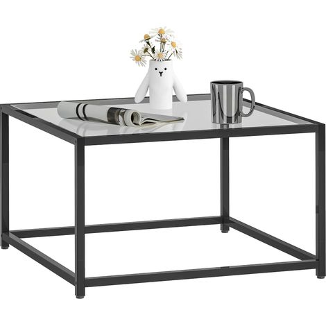 Table d'appoint carrée avec plateau en verre trempé, table basse avec pieds en acier, 68 x 68 x 39 cm, noire