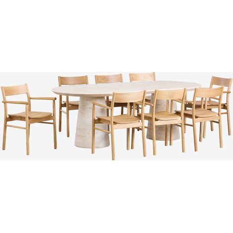 SKLUM Set aus ovalem Tisch 220x95 cm in Travertin-Zementoptik Noemi und 8 Esszimmerstühlen aus Eichenholz Mara Signature