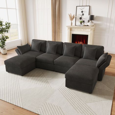Canapé d’angle modulable en U 6 places 290x159,5x89 cm avec 2 poufs mobiles, accoudoirs réglables, 2 appuie-têtes et 4 coussins, velours côtelé, Gris (1/5)