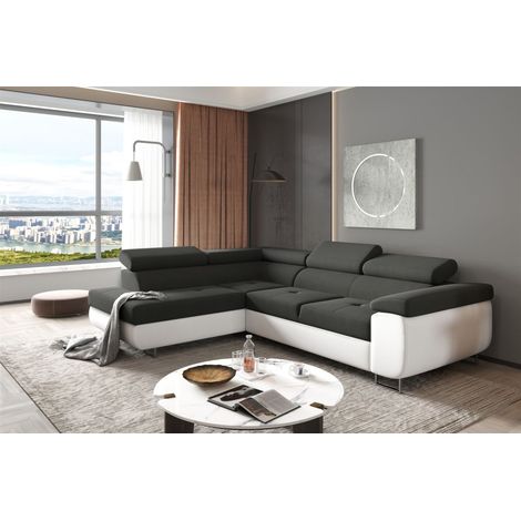 Ecksofa Sofa JADE Stoff Soft / Sawana Weiss-Schwarz mit Schlaffunktion Ottomane Links (1/2)