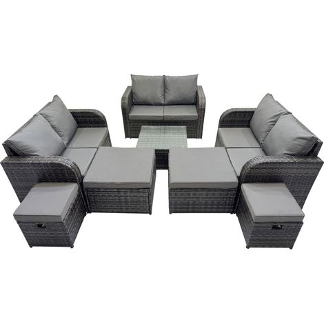 Fimous Rattan Garden Outdoor Furniture Set Love Sofa Square Coffee Table Set with 4 Stools Dark Grey Mixed (1/5)