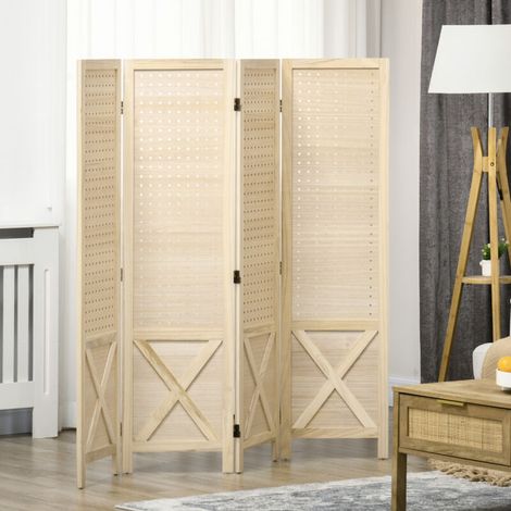 Cloison amovible Paravent intérieur en bois 4 panneaux séparateur de pièce pliable panneau perforé 152 x 1,7 x 144,5 cm bois naturel (1/5)