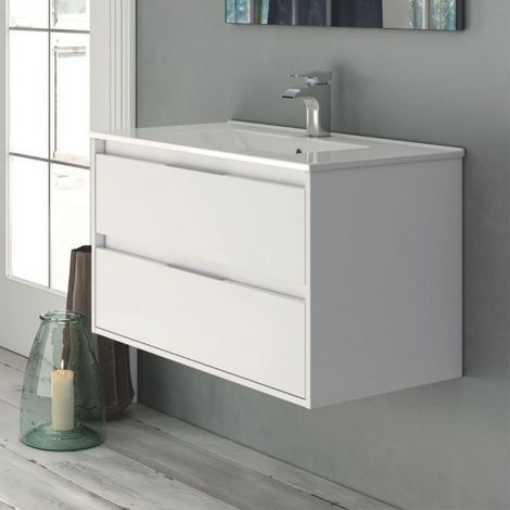 Mobile da bagno sospeso 60 cm con 2 cassetti e lavabo incluso colore bianco laccato lucido - Foltin