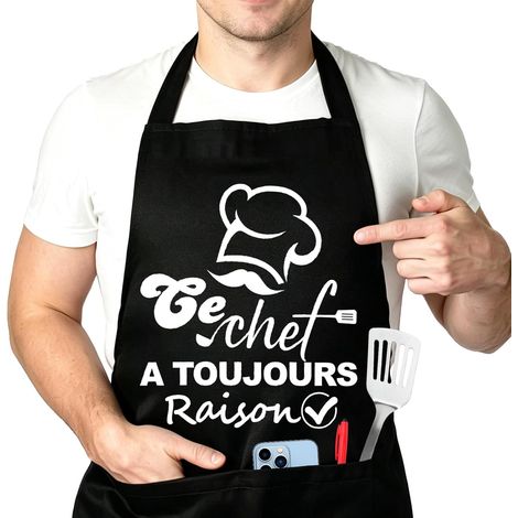 Tablier de Cuisine Homme Noir, Tablier Cuisine Personnalisé Humour Rigolo Impermeable Femme Homme Cadeau, Tabliers Barbecue BBQ Drole Étanche Réglable avec Poches (1/5)