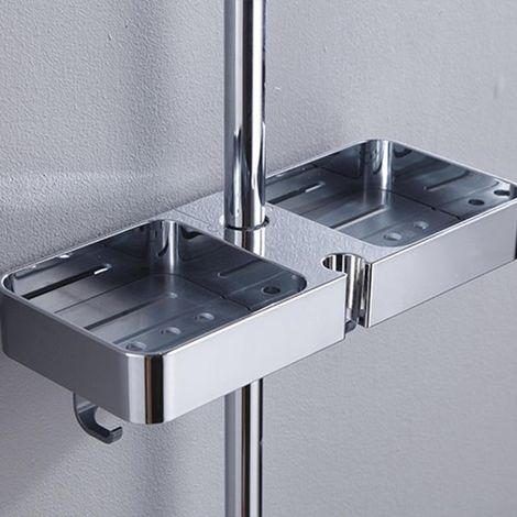 Étagère pour barres de douche, étagère de douche de grande capacité sans perçage, rangement des deux côtés et 8 crochets, étagère de salle de bain (argenté) (1/5)