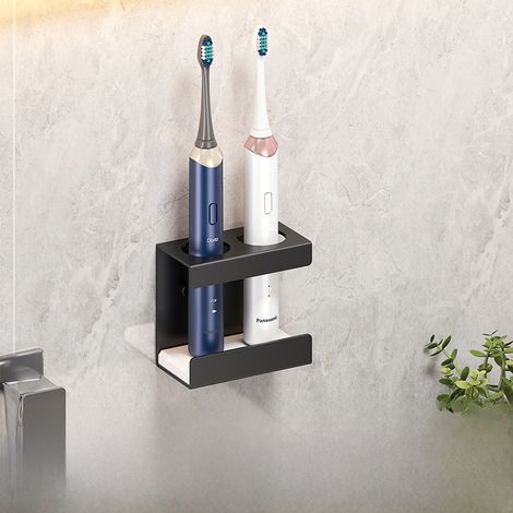 Porte-brosses à dents noir sans perçage, pour 2 personnes, fixation murale, support pour brosses à dents électriques, porte-gobelets pour dents, gobelet pour bain de bouche, porte-dentifrice (1/5)