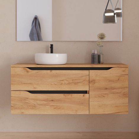 Meuble de salle de bain 120cm avec plateau et vasque à poser déportée à gauche Ares - sans miroir - 2 tiroirs et un placard - roble (chêne clair) - ZARZA