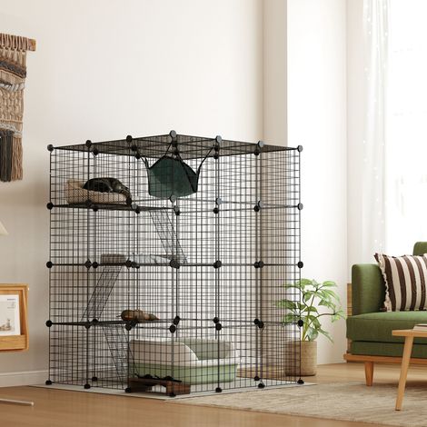 Jaula de alambre de acero para gatos de interior con hamaca, rampas, puertas, recinto para gatos de montaje propio para 1-3 gatos, color negro.
