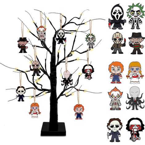 Lot de 10 mini décorations de sapin d'Halloween en bois à suspendre - Décorations de Noël effrayantes pour décorer une chambre à Halloween (1/5)