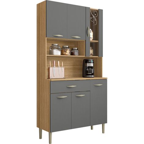 Beaux Meubles Pas Chers – Buffet de cuisine 6 portes 1 tiroir imitation chêne et gris structuré – Dimensions L 90.9 x H 173.5 x P 36.3 cm – Bois certifié FSC