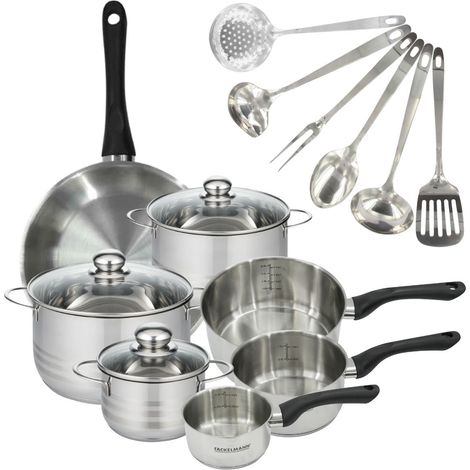 Set 1 poêle 28 cm 3 casseroles 12 16 20 cm, 3 faitouts 16, 20 et 24 cm en inox et 6 ustensiles inox Fackelmann Geneva (1/5)