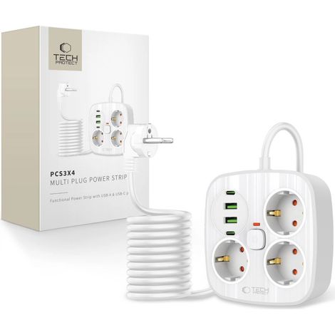 Multipresa Tech-Protect PCS3X4, 3 prese, 2 USB-A, 2 USB-C, 200 cm - bianca (1/5)
