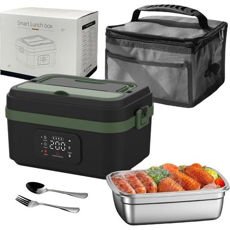 Boîte à lunch chauffante - Minuterie intelligente, 60 W, rechargeable, idéale pour le bureau, les pique-niques- Noir et vert