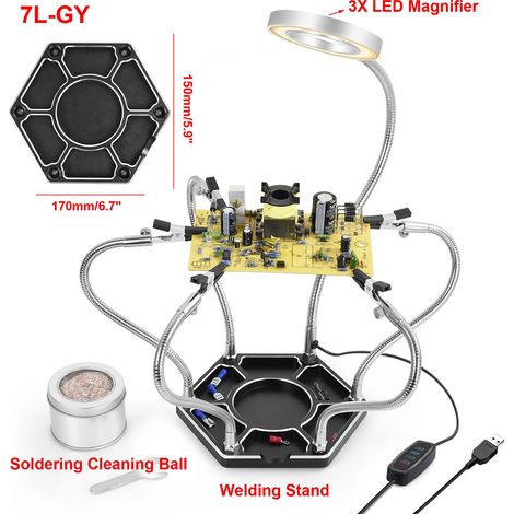 Löten mit dritter Hand, dritte 3. Hand mit 6 verstellbaren flexiblen Armen, 3-fache LED-Lupe für elektronische Reparatur, Modellbau und kreative Hobbys