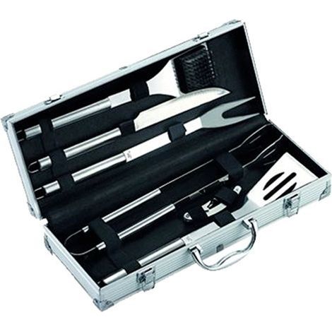 SET ATTREZZI UTENSILI BARBECUE 6PZ ACCIAIO INOX VALIGETTA ALLUMINIO OMPAGRILL (1/3)