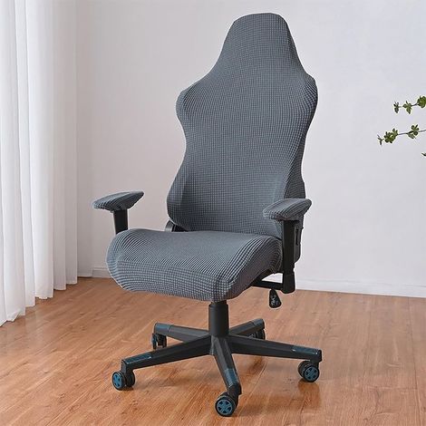 Housse de chaise gaming extensible en jacquard pour chaises gaming pivotantes à dossier haut, anti-poussière et antidérapante avec protection des accoudoirs (gris foncé) (1/5)
