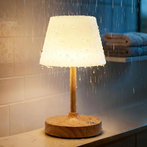 Lampe de table LED sans fil, étanche avec batterie de 4000 mAh, veilleuse portable rechargeable avec variateur tactile pour terrasse, restaurant et salle de bain (grain de bois) (1/4)