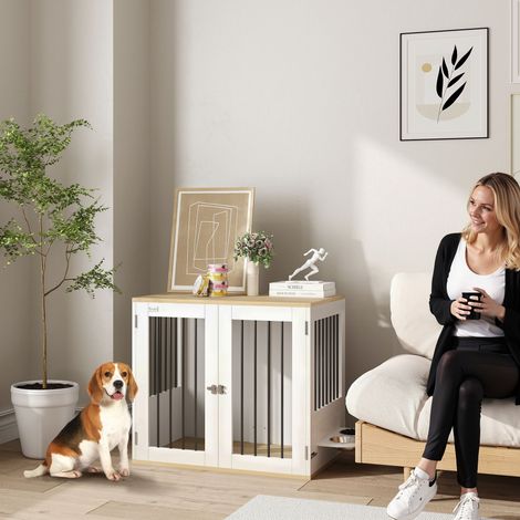 Cage pour chiens, table d'appoint, gamelles amovibles rotatives à 360° 2 portes pour chien moyenne 80x55x71,5cm blanc (1/5)