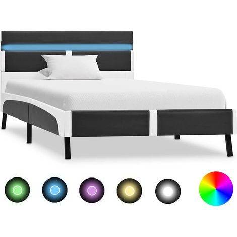 Cadre de lit LED 90 x 200 cm en similicuir blanc et gris, avec sommier à lattes, sans matelas - PANGIVO (1/5)