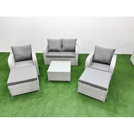 Fimous Light Grey PE Wicker Rattan Garden Furniture Set Sofa Set Reclining Adjustable Chair Square Coffee Table 6 Seater 2 Big Stools (1/4)