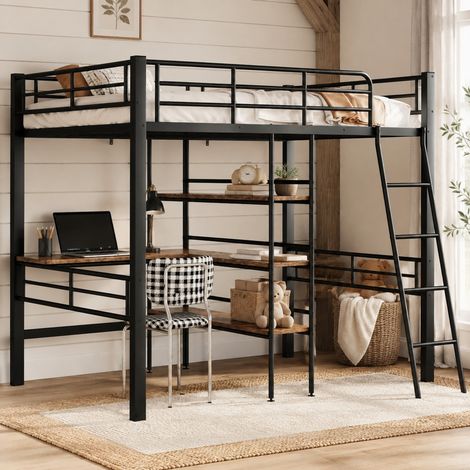 MEUBLIV Letto a soppalco 90x200 cm nero – con scrivania e ripiani, senza materasso (1/5)