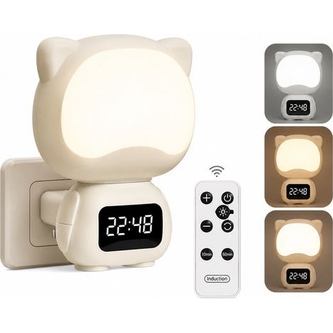 Veilleuse chat avec horloge numérique - Lampe murale LED avec télécommande, 3 couleurs de lumière, intensité réglable, rotation à 300°, fonction minut (1/5)