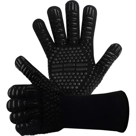 Rutschfeste Silikon-Grillhandschuhe EN407 für Grill, Backofen, hitzebeständige Kochhandschuhe, Kaminhandschuhe, Kaminhandschuhe bis 800°C (Schwarz) (1/4)