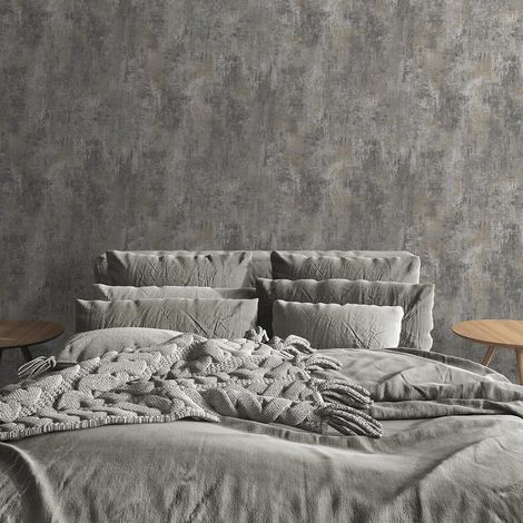 Charcoal Grey Wallpaper Industrial Concrete Effect Metallic Gold Living Room (1/5)