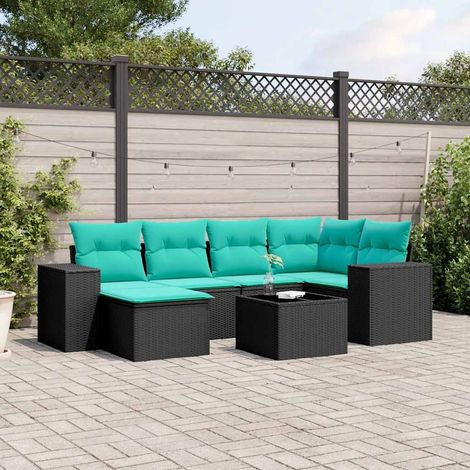 7-teiliges Gartensofa-Set mit Kissen, schwarzes Polyrattan (1/5)