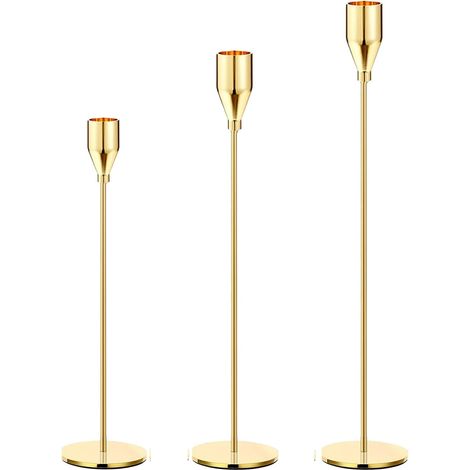 Lot de 3 bougeoirs or clair pour bougies tige et LED 3/4", élégants pour mariage, fête ou dîner. (1/5)