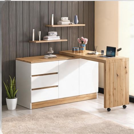 Bureau pliant avec roulettes et tablettes rotatives en panneaux (1/5)