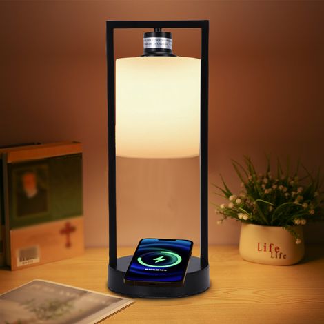 Lampe de chevet vintage avec chargement sans fil, abat-jour en tissu blanc, commande tactile, lumière blanc chaud à intensité variable (3 niveaux), chargeur sans fil 10 W, ampoule E26 incluse, port US (1/5)