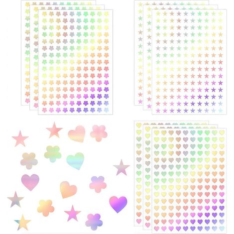 1350 Stück holografische Sternenaufkleber, selbstklebende kleine Herzsternaufkleber, winzige glänzende Folienherz-Blumenaufkleber für Schule, Zuhause, Klassenzimmer, Belohnung (1/4)