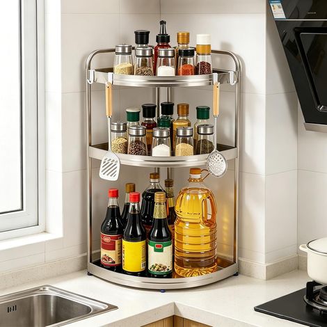 3 Tier Spice Racks Organiser,Kitchen Corner Organiser Shelf,Space Saving Free Standing Kitchen Shelf Organiser, Metal Storage Organize (1/5)