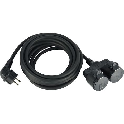 Electraline 55093 Prolunga 5 M da Cantiere in Gomma Neoprene H07RN-F 3G1.5, Multipresa con Doppia Presa Coperchio IP44 per Ambienti Esterni, Spina Schuko, Nero, Doppelt (1/3)