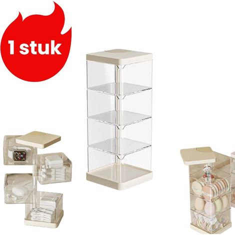 1 article - Boîte de rangement pour houppettes - Support rotatif et anti-poussière pour éponges à maquillage - Support pour cotons à poudre - Blanc crème (1/5)