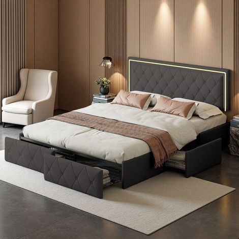 Bett Doppel 140x200 - Kunstleder Grau - Stauraum Schubladen - RGB LED-Beleuchtung - Zeitgenössisches Design