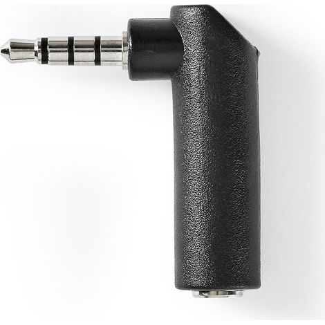 Adaptador de audio estéreo  Macho de 3,5 mm  Hembra de 3,5 mm  Niquelado  En ángulo de 90°  Metales  Negro  10 uds.  Bolsa de plastico