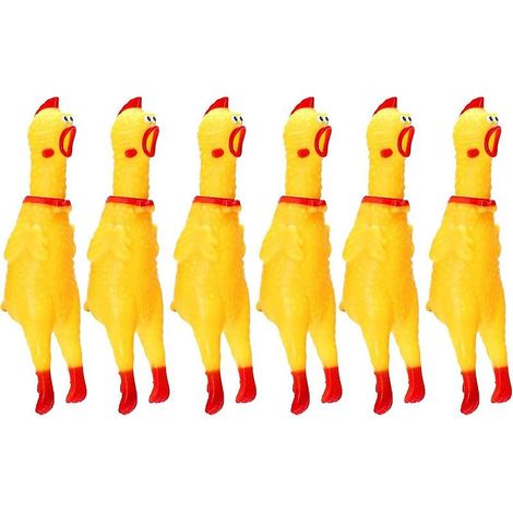 Lot de 6 jouets poulets en caoutchouc jaune. Jouet poulet en caoutchouc qui couine. Jouet original et résistant. (1/5)