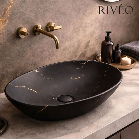 Vasque à poser ovale noire effet marbre doré 59 x 42,5 x 14 cm en céramique avec bonde clic-clac incluse - Rivéo