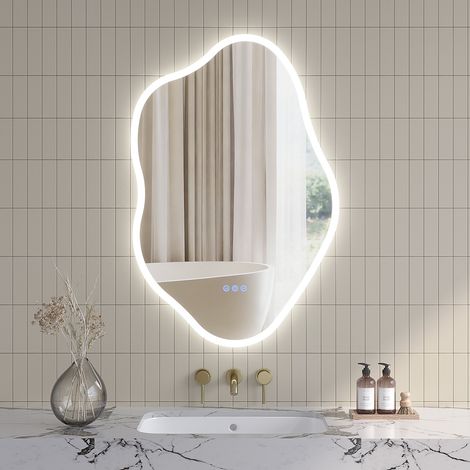 LED Asymmetrischer Spiegel im Barockstil Wandspiegel mit Beleuchtung,künstlerischer Wandspiegel für Bad & Flur, 3 Lichtfarben, dimmbar, Antibeschlag, vertikale/horizontale Montage 90 x 60 cm (1/5)