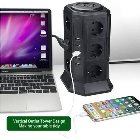 Online Store – Multiprise parasurtenseur 12 prises avec 5 ports USB 4,5A – Protection contre surtension et foudre – Cordon 2m – Design vertical (1/4)