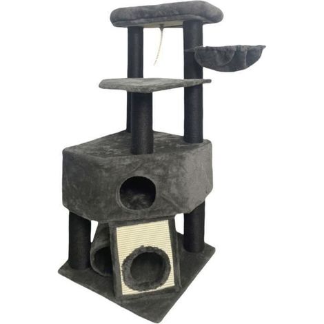 GUILY Albero per gatti stabile - Ideale per gatti di taglia media - 50 x 50 x 141 cm - Grigio scuro - 2 piattaforme, 1 posatoio, 1 casetta, 1 rampe