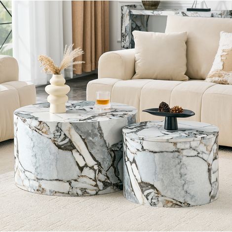 Set 2 tavolini bassi rotondi con contenitore, MDF, piano rimovibile, effetto legno bianco DESVIAE (1/5)