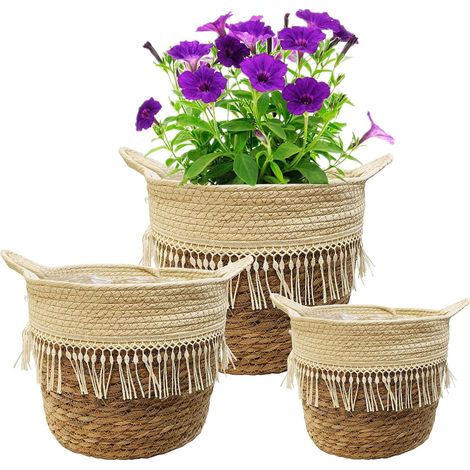 Lot de 3 paniers à fleurs pour plantes, jardinière en osier, pots décoratifs pour l'intérieur et l'extérieur, panier de jardin en jonc de mer avec poignées, panier de rangement (1/5)